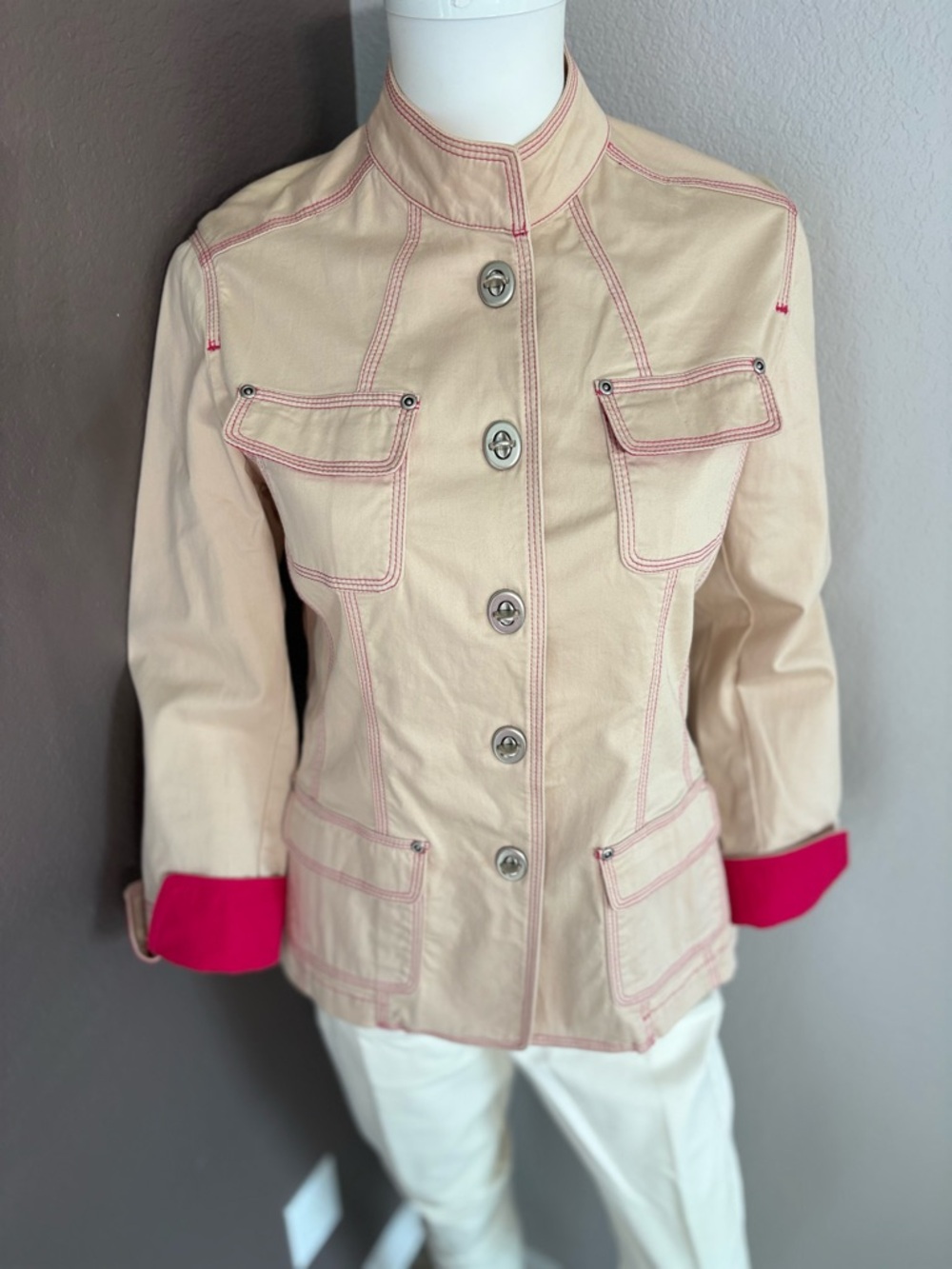 Chico's Cream Utility Jacket with Pink Trim